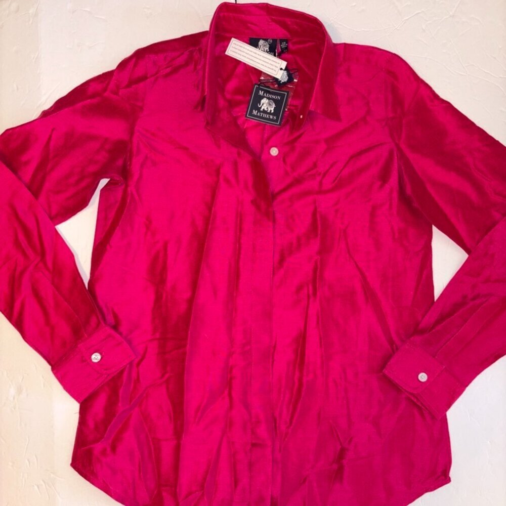 NEW NWT Madison Mathews 100% Silk Pink Red Holiday Blouse size XS